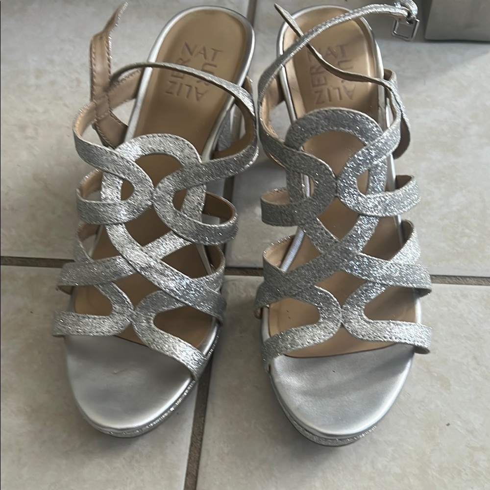 Naturalizer Silver Heels with Strappy Design and Low Heel